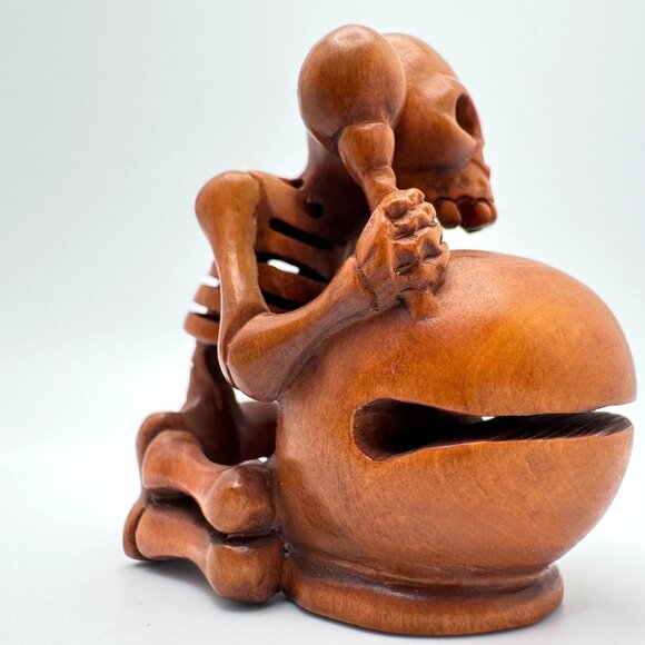 Netsuke Large Skeleton Playing Drum Hardwood Carving Sculpture Japanese Vintage - Picture 7 of 11